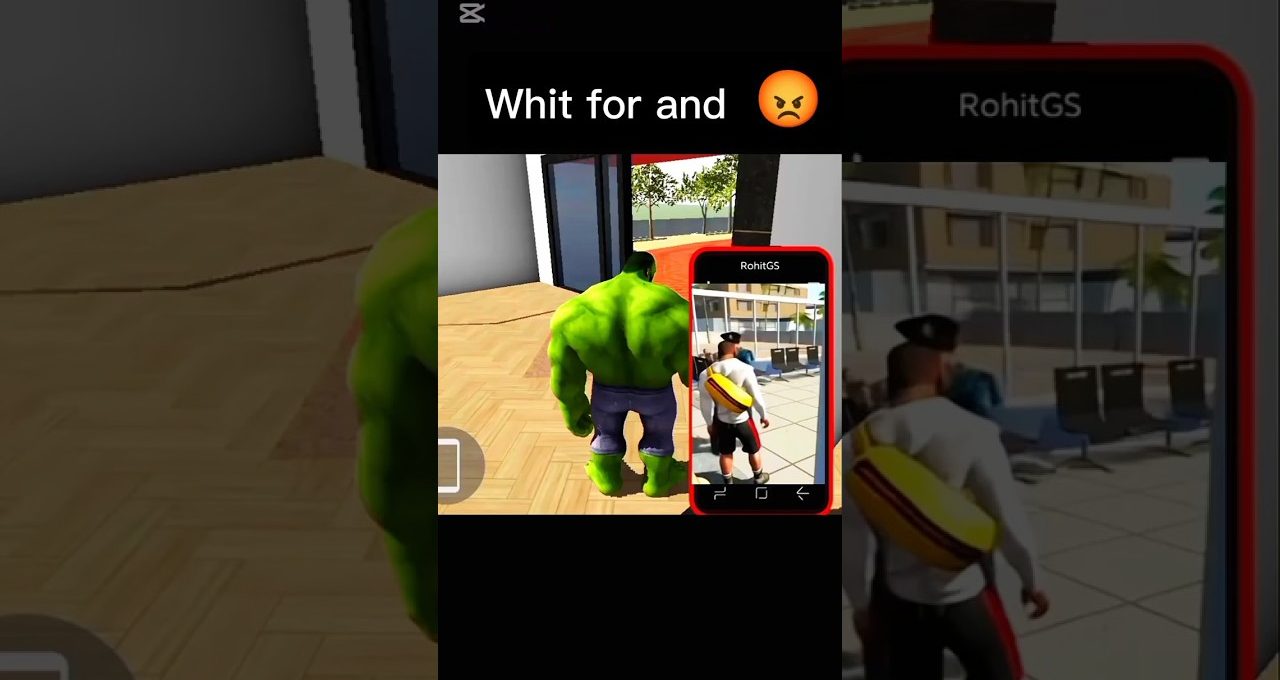 Green Hulk-like character walking indoors with a smartphone overlay showing another game scene