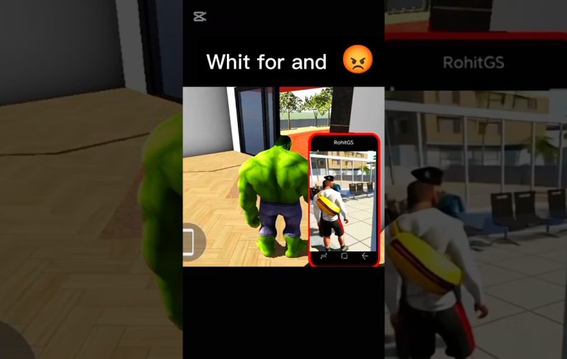 Green Hulk-like character walking indoors with a smartphone overlay showing another game scene