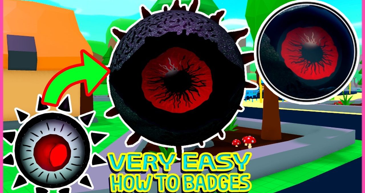 Cartoon black spiky orb with a red eye hovering over a colorful game town