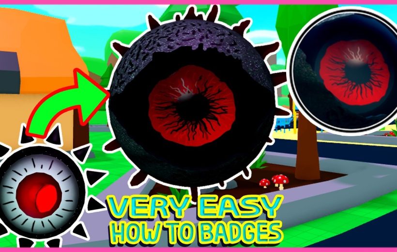 Cartoon black spiky orb with a red eye hovering over a colorful game town