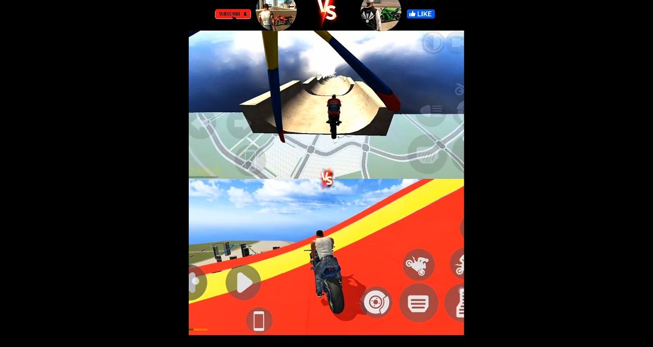 Split-screen mobile game showing two motorcyclists racing on colorful stunt tracks.