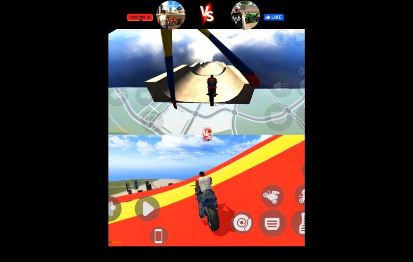 Split-screen mobile game showing two motorcyclists racing on colorful stunt tracks.