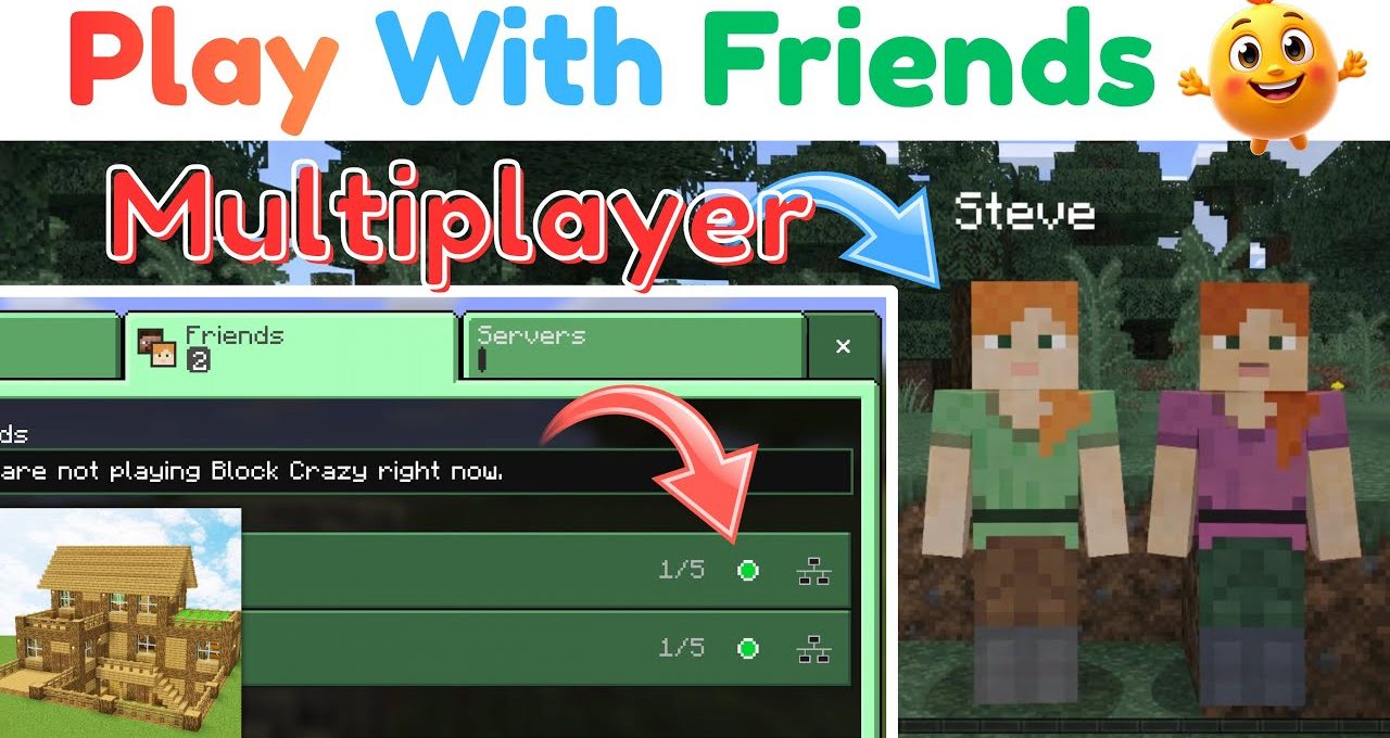 Bright Minecraft multiplayer screenshot showing server list, two Alex characters, and playful text