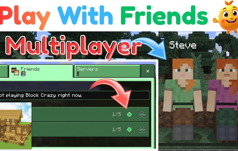 Bright Minecraft multiplayer screenshot showing server list, two Alex characters, and playful text