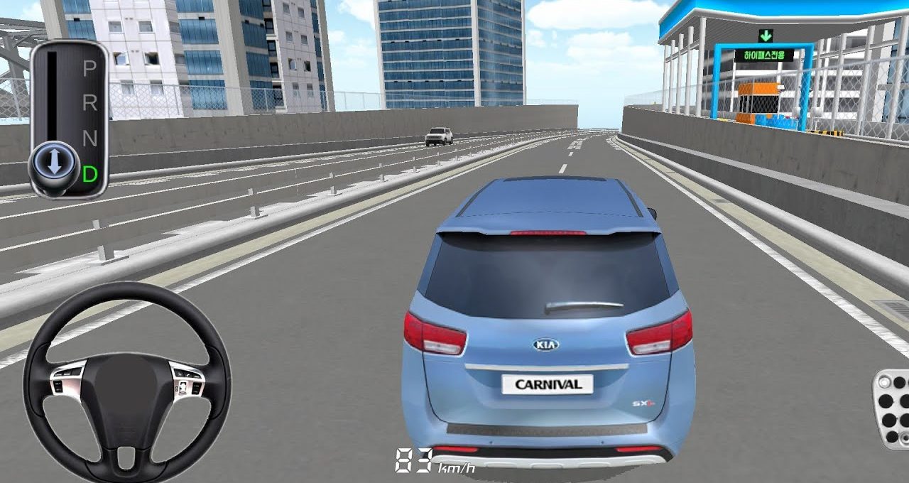 Blue Kia Carnival driving on an elevated city highway in a driving simulator game
