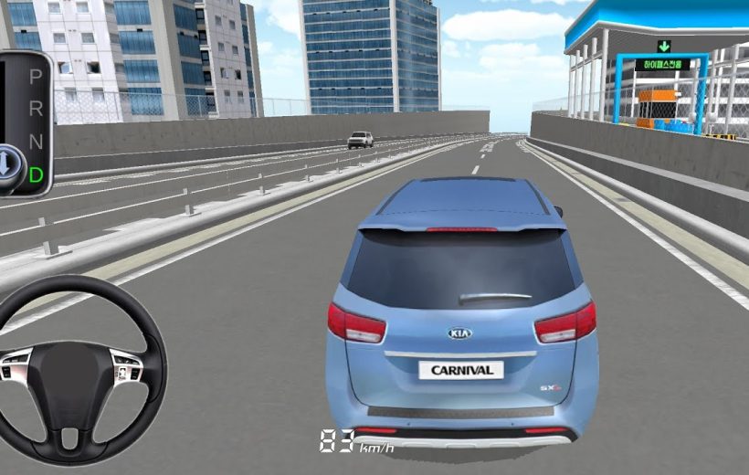 Blue Kia Carnival driving on an elevated city highway in a driving simulator game