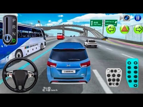 Blue SUV driving on busy multi-lane highway in a driving simulator game.