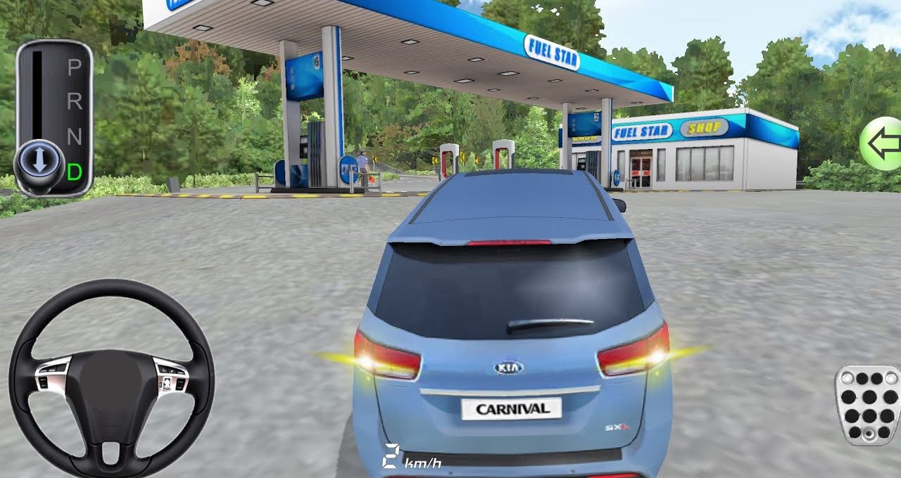 Blue Kia Carnival stopped at a fuel station with dashboard controls visible.