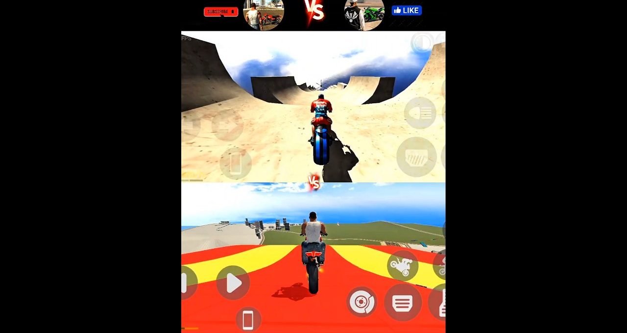 Split-screen motorcycle game showing two riders racing on stunt tracks against sky backdrop
