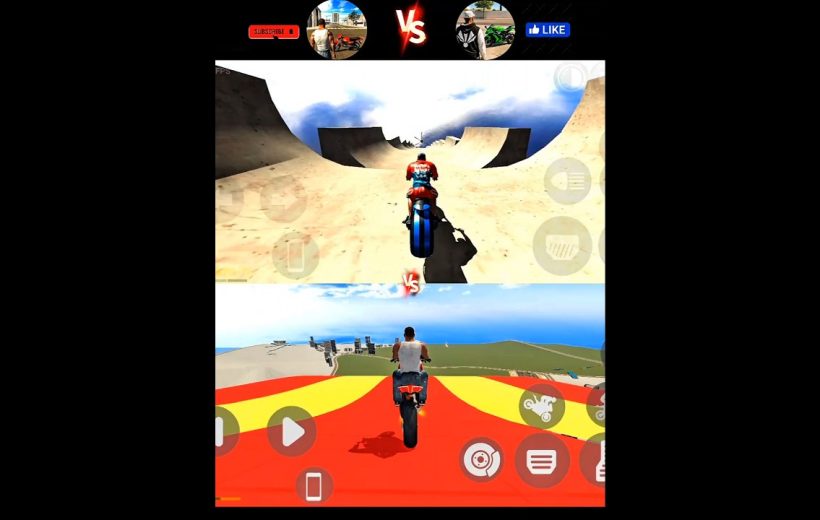 Split-screen motorcycle game showing two riders racing on stunt tracks against sky backdrop