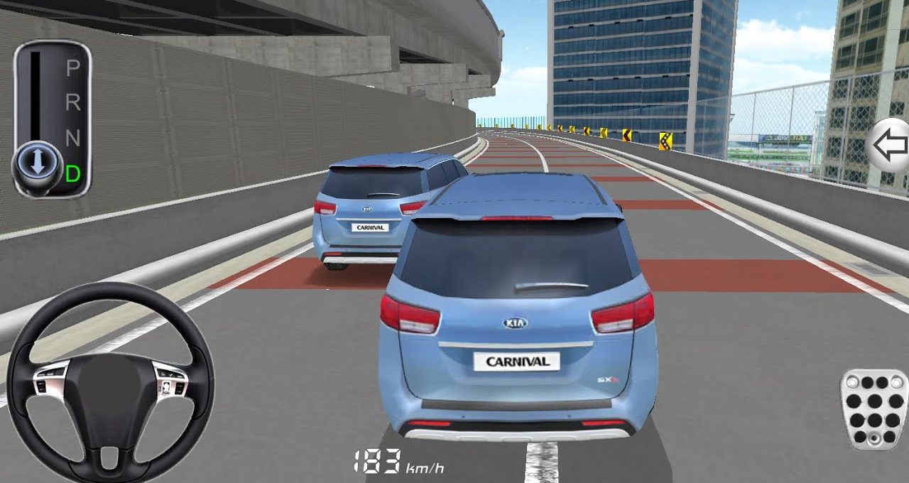 Two blue SUVs driving on elevated city highway in a driving simulator game