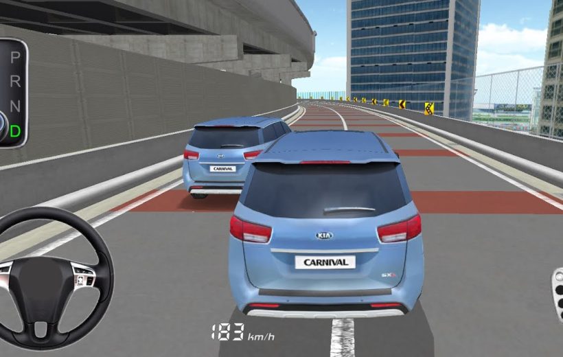 Two blue SUVs driving on elevated city highway in a driving simulator game