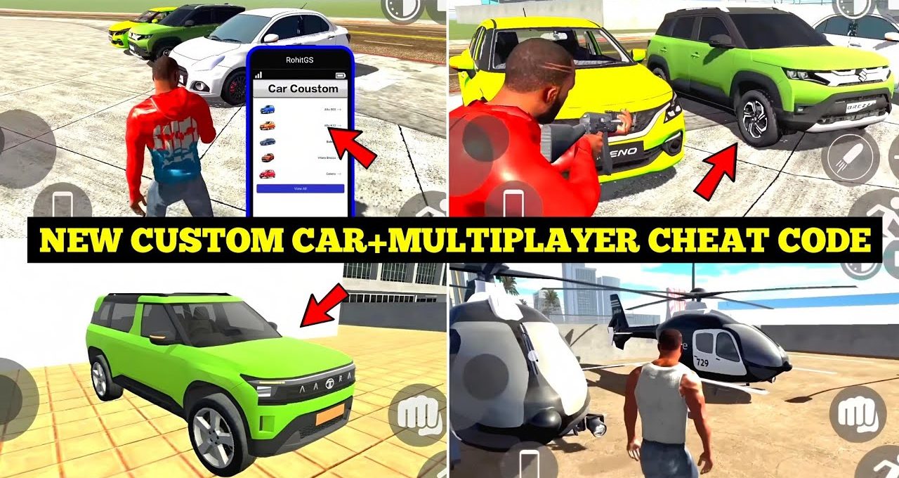 Game screenshots collage showing custom cars, a helicopter, and a player character.