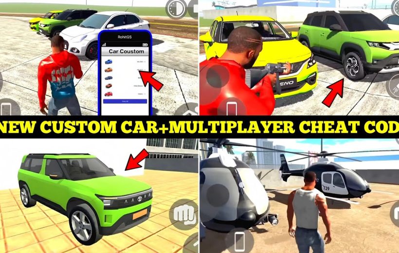 Game screenshots collage showing custom cars, a helicopter, and a player character.