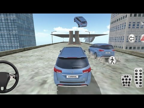 Blue SUV driving on a rooftop stunt course with another car airborne ahead