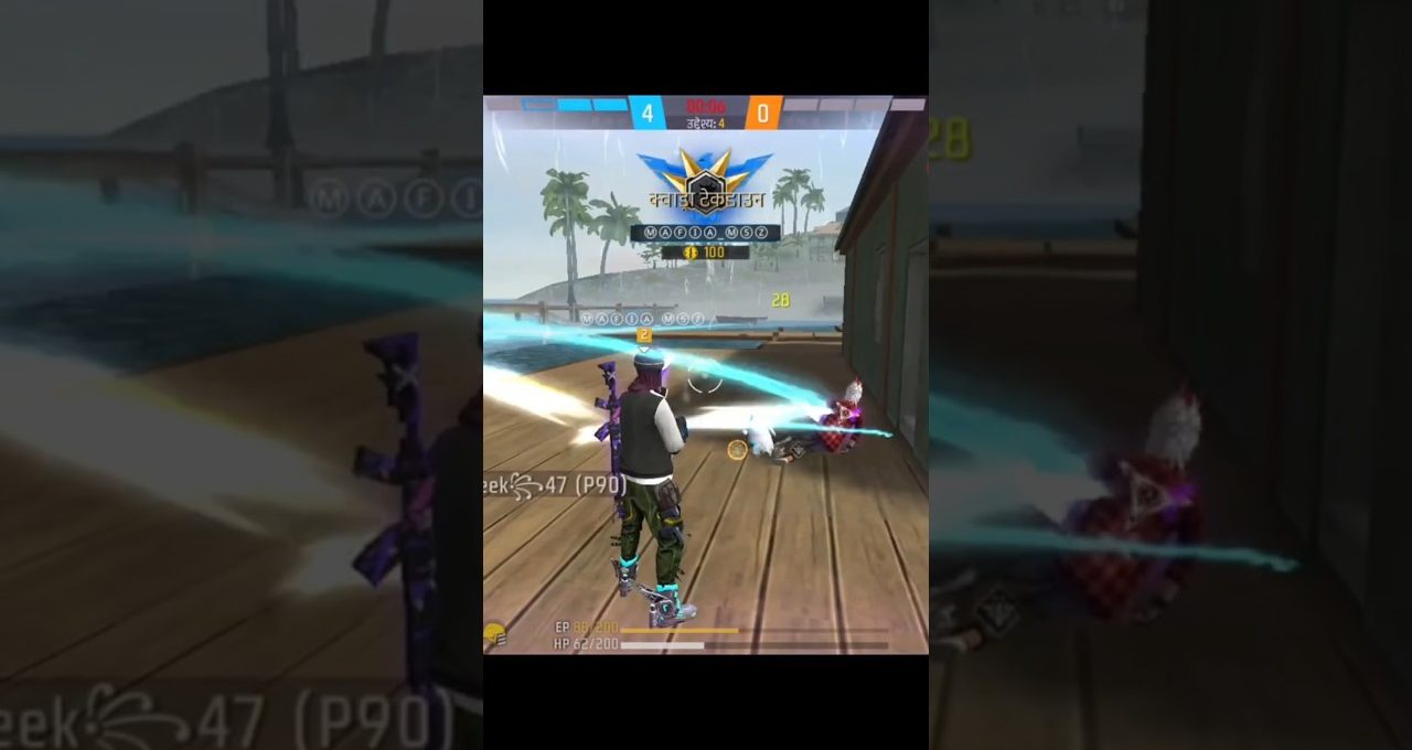 Third-person shooter game scene showing a player eliminating an opponent on wooden pier