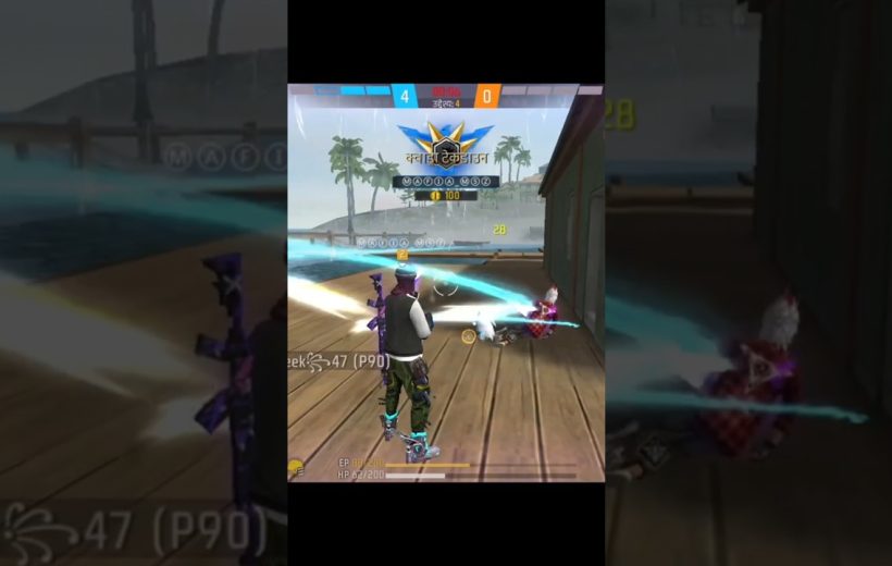 Third-person shooter game scene showing a player eliminating an opponent on wooden pier