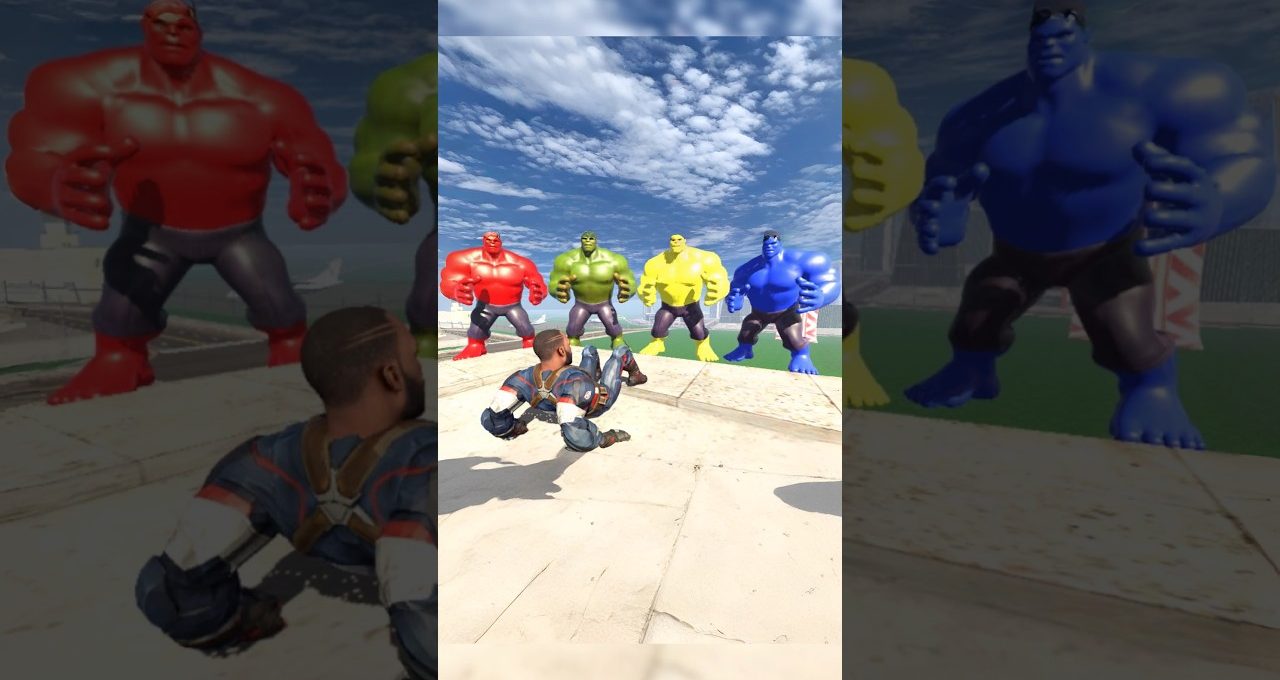 Superhero crouching on rooftop facing four giant colorful Hulk-like figures under sky