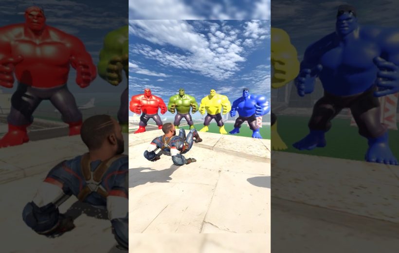 Superhero crouching on rooftop facing four giant colorful Hulk-like figures under sky