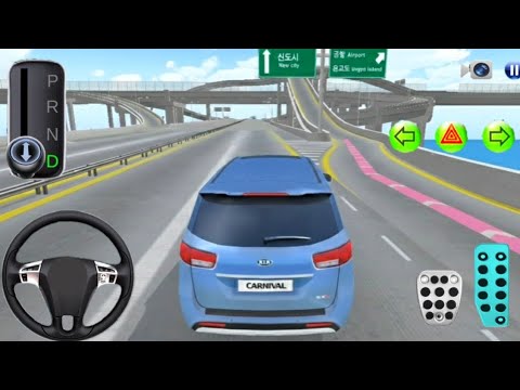 Third-person view of a blue SUV driving on a multi-level highway with controls