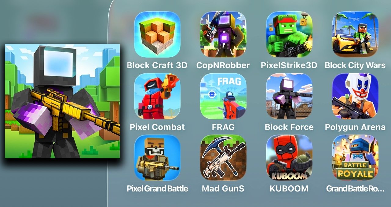 Grid of colorful pixelated shooter and block game app icons on a gray background