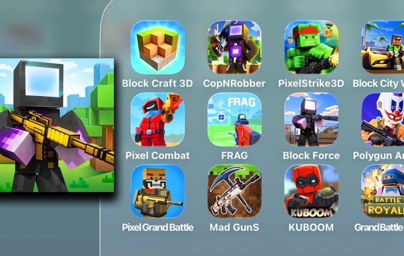 Grid of colorful pixelated shooter and block game app icons on a gray background