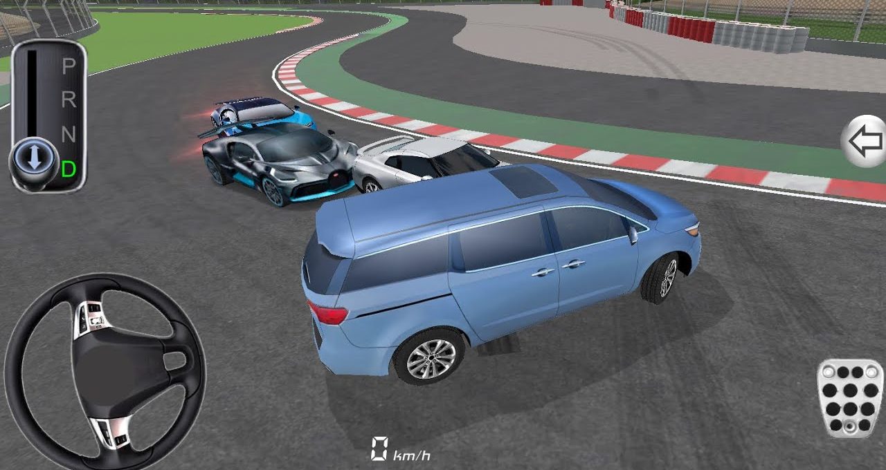 Blue minivan reversing on racetrack while sports cars collide at a corner turn.