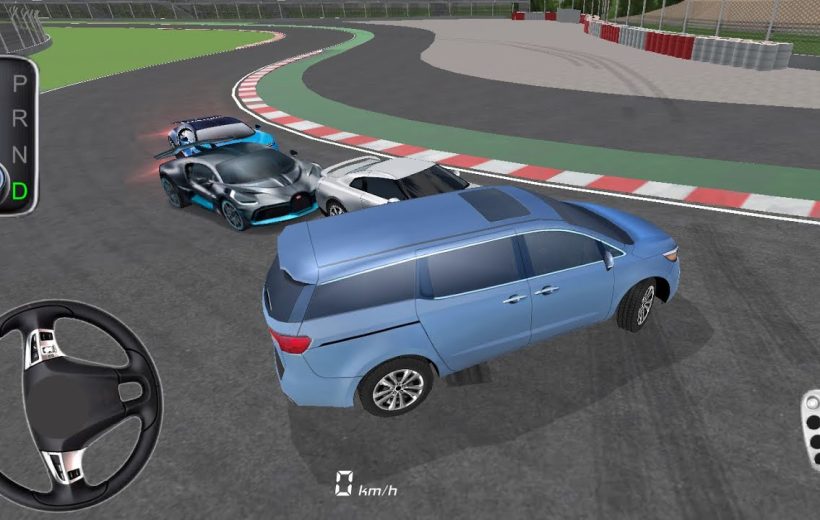 Blue minivan reversing on racetrack while sports cars collide at a corner turn.