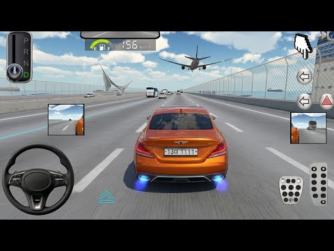 Orange sports car driving on highway in a racing game with airplane overhead