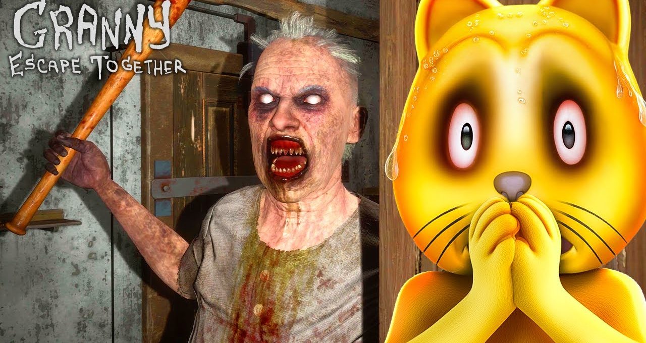 Terrifying blood-stained granny with baseball bat beside a frightened cartoon cat character
