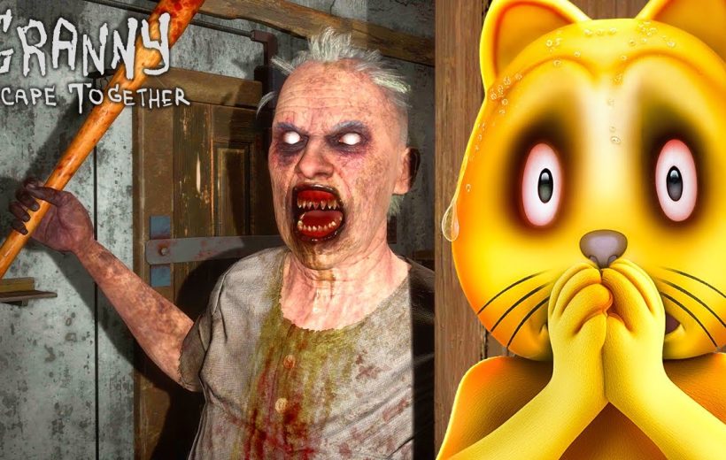 Terrifying blood-stained granny with baseball bat beside a frightened cartoon cat character