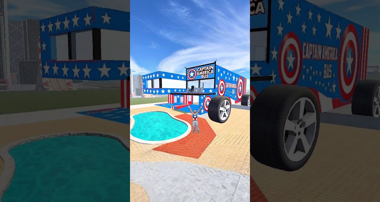 Person standing by a patriotic Captain America-themed oversized bus parked near pool