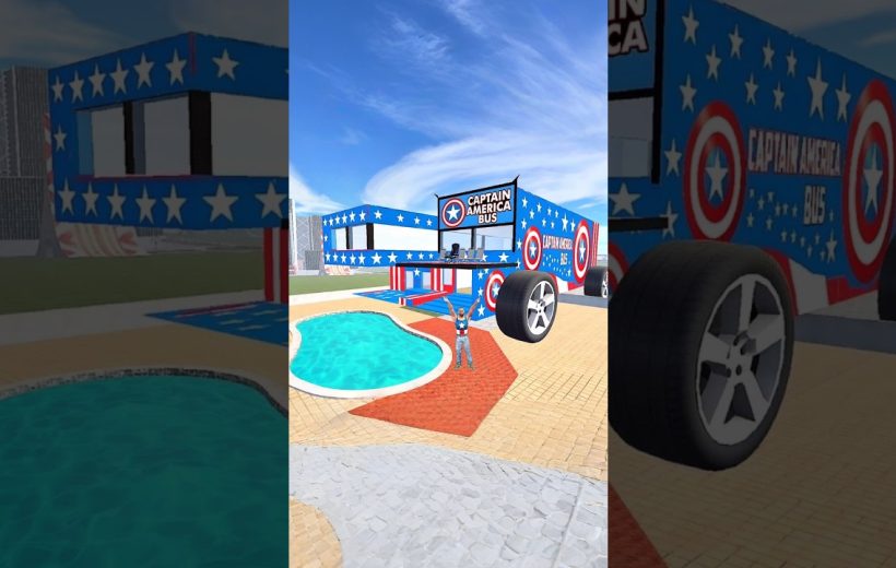 Person standing by a patriotic Captain America-themed oversized bus parked near pool