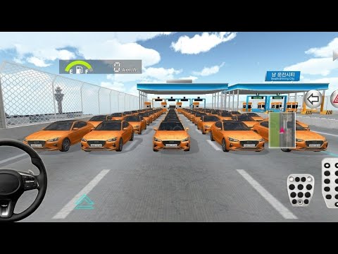 Multiple identical orange cars lined up at toll booths in a driving simulator