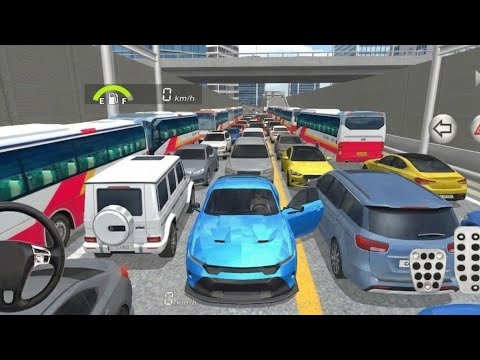 Blue sports car with open door stuck in heavy highway traffic between buses and cars