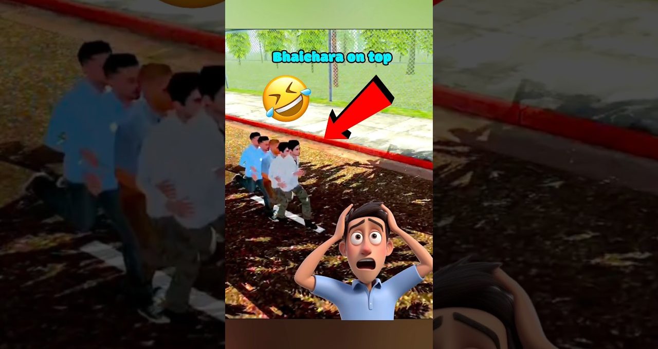Animated crowd running along sidewalk with red arrow and shocked cartoon character foreground