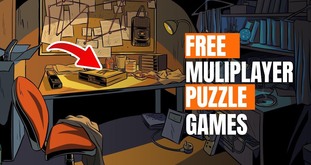 Cluttered detective-style desk with evidence board, retro console highlighted by red arrow
