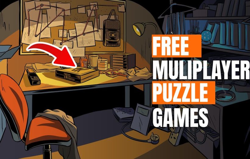 Cluttered detective-style desk with evidence board, retro console highlighted by red arrow