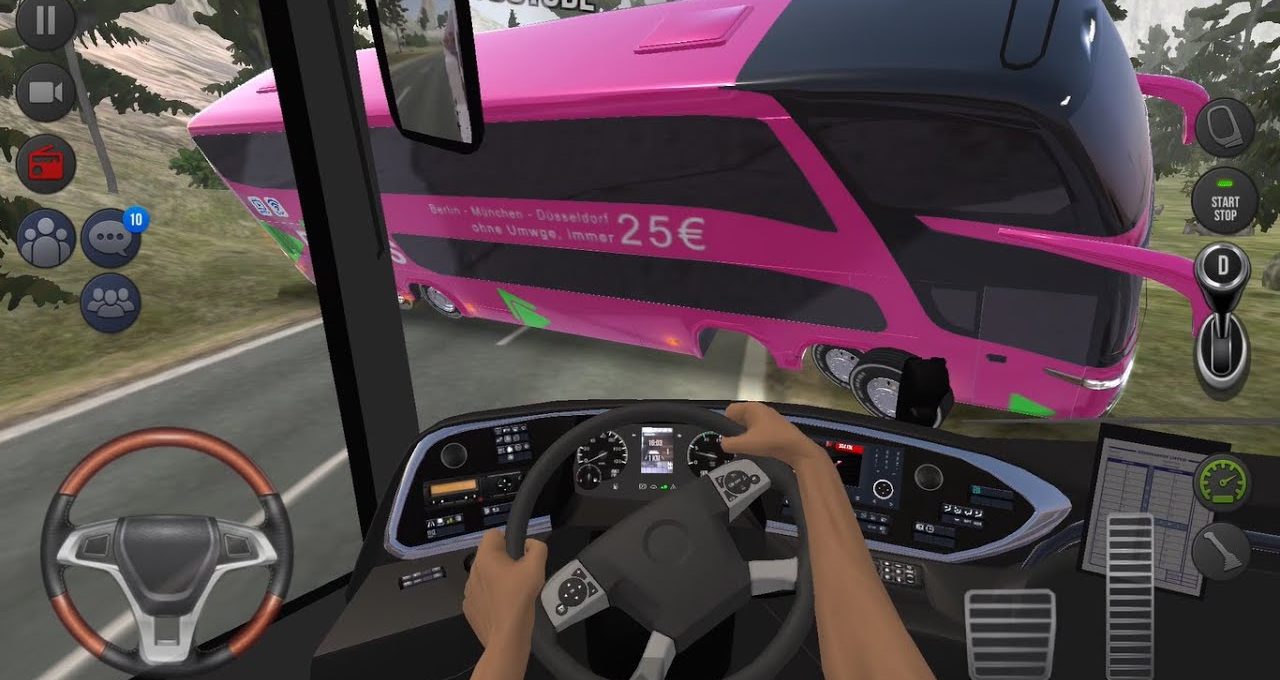 Driver's view inside bus cockpit as a pink coach swerves across road ahead