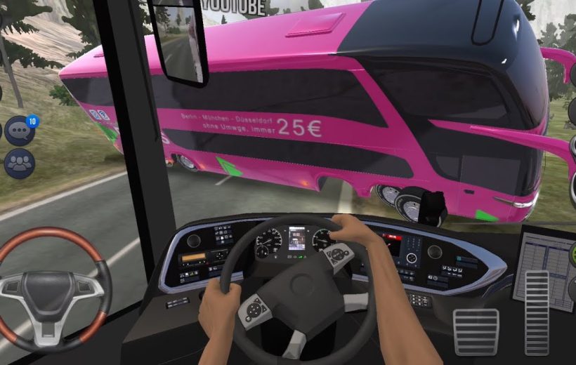 Driver's view inside bus cockpit as a pink coach swerves across road ahead