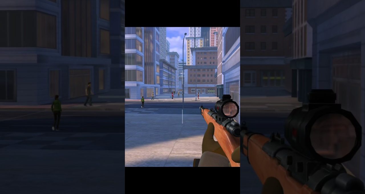 First-person view of a sniper rifle aiming down a deserted city street.