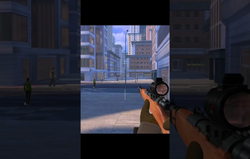 First-person view of a sniper rifle aiming down a deserted city street.