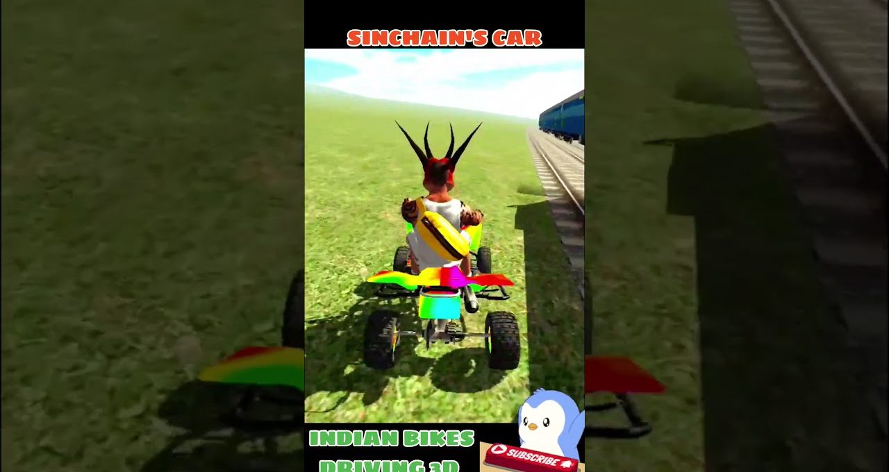 Character with spiky hair riding a colorful ATV along grassy field beside train tracks