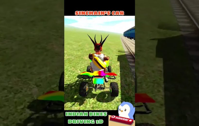 Character with spiky hair riding a colorful ATV along grassy field beside train tracks