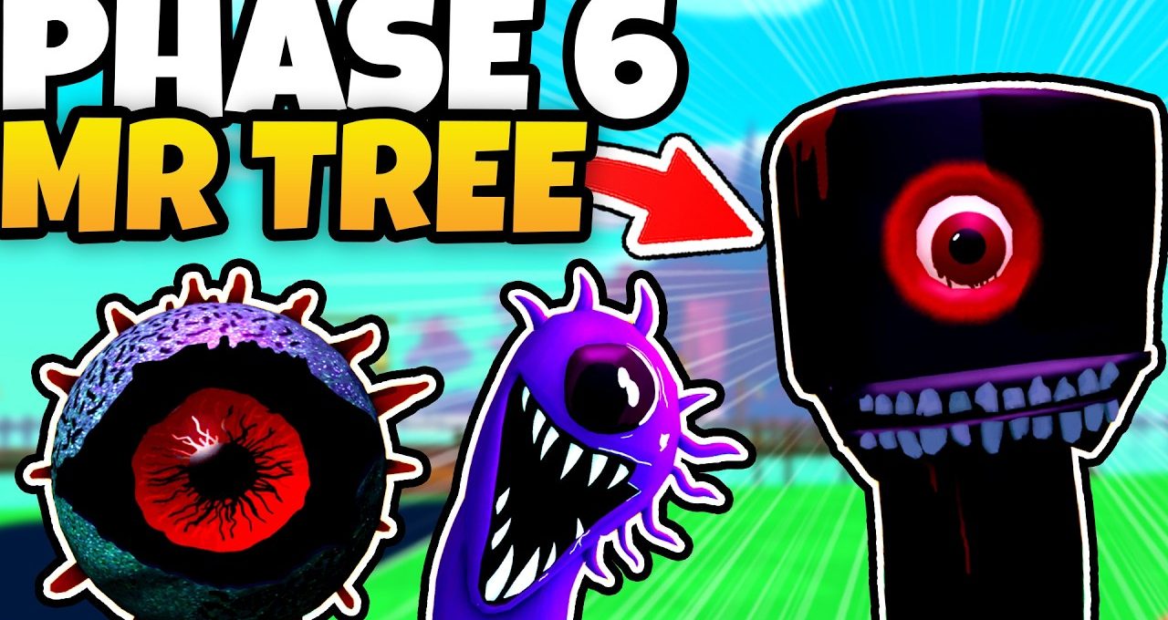 Colorful cartoon monsters with large red eyes and sharp teeth labeled "Phase 6 Mr Tree"