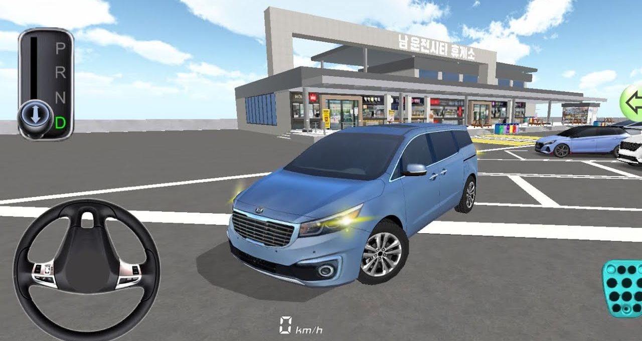 Blue minivan parked in a virtual driving game near a roadside service building
