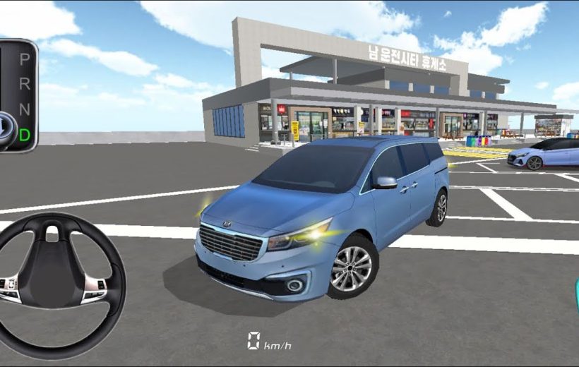 Blue minivan parked in a virtual driving game near a roadside service building