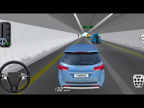 Blue SUV driving through a brightly lit road tunnel in a driving simulator game