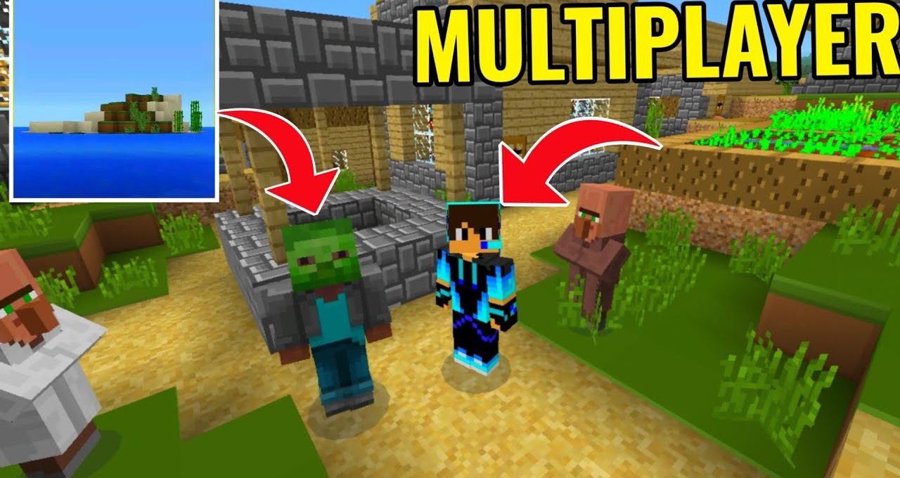 Minecraft player standing between a zombie villager and a regular villager in village