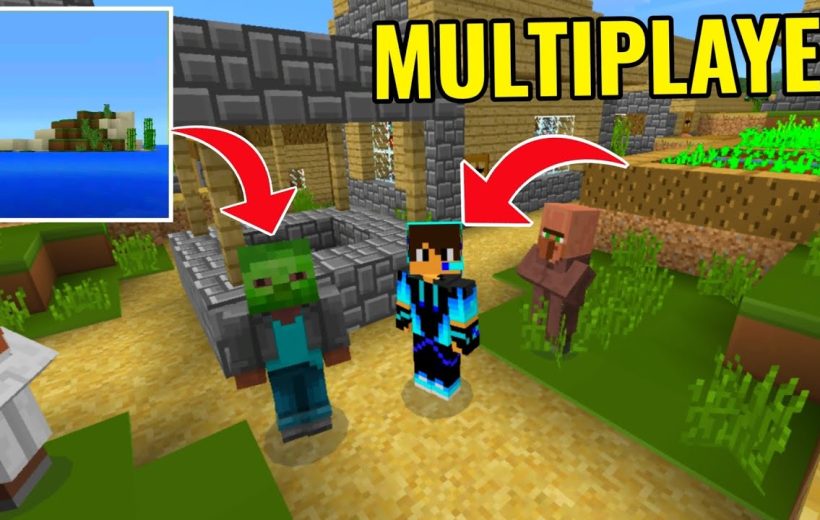 Minecraft player standing between a zombie villager and a regular villager in village